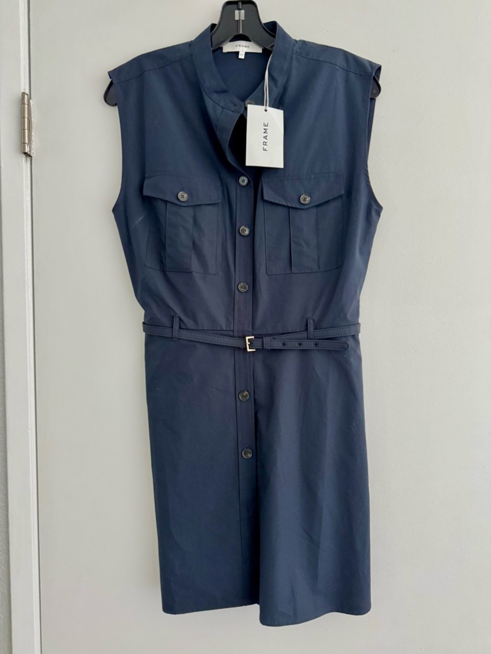 FRAME Navy Sleeveless Shirt Dress with Contrast Trim